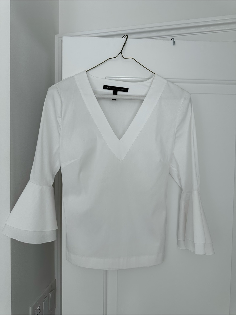 White House Black Market White V-Neck Bell-Sleeve Blouse